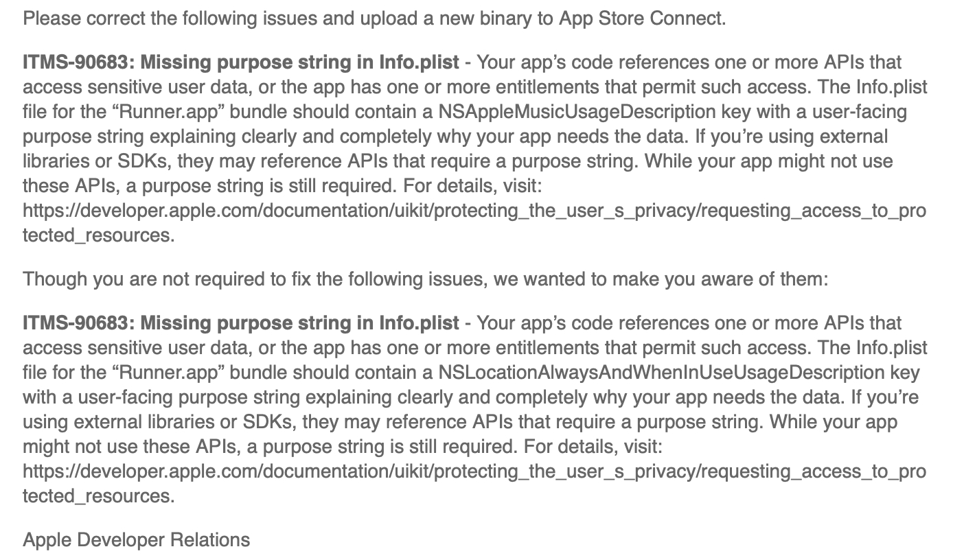 ITMS-90683: Missing purpose string in info.plist. NSAppleMusicUsageDescription - flutter - permission_handler