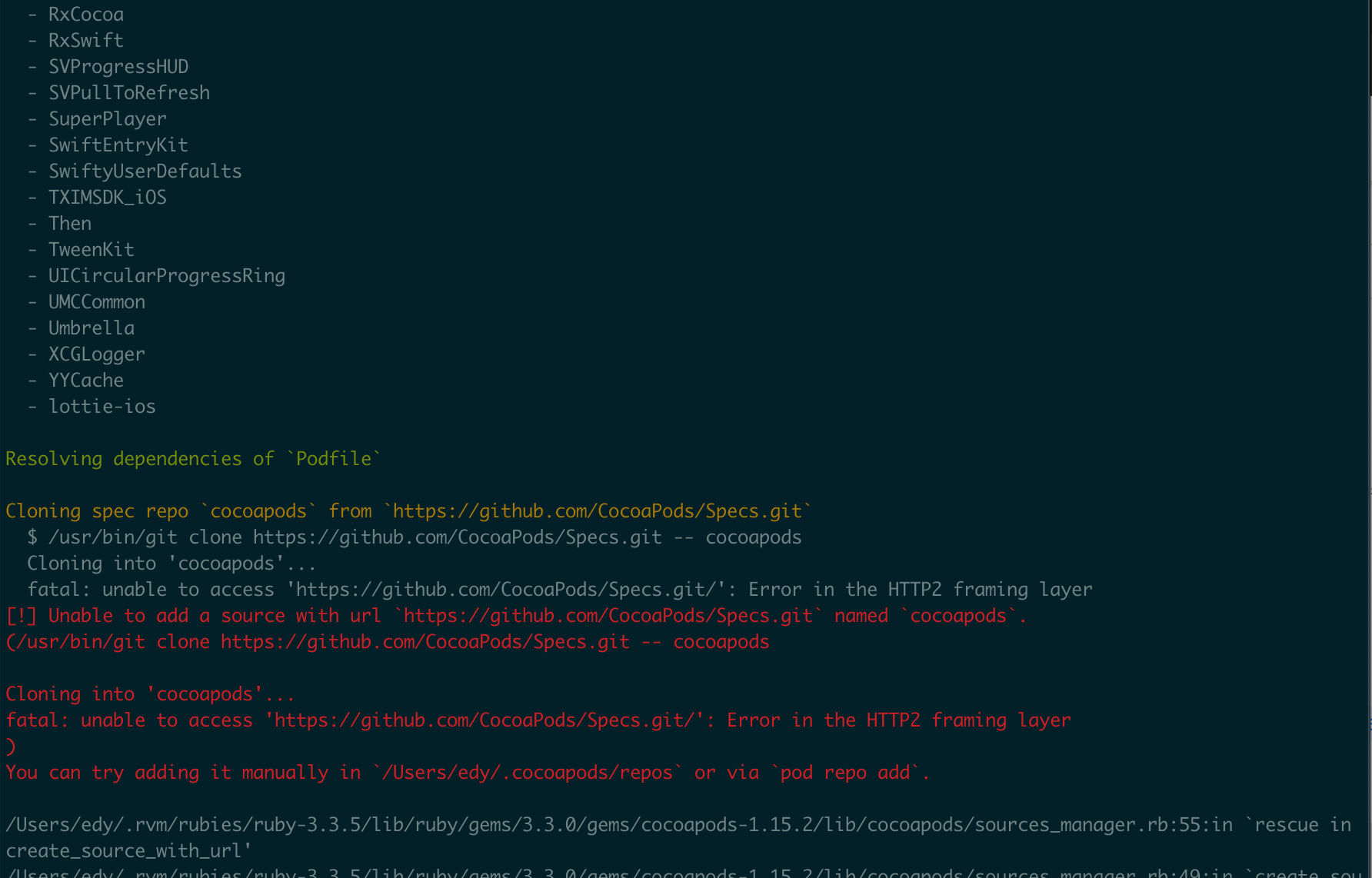cocoapods: Unable to add a source with url `https://github.com/CocoaPods/Specs.git` named `cocoapods`