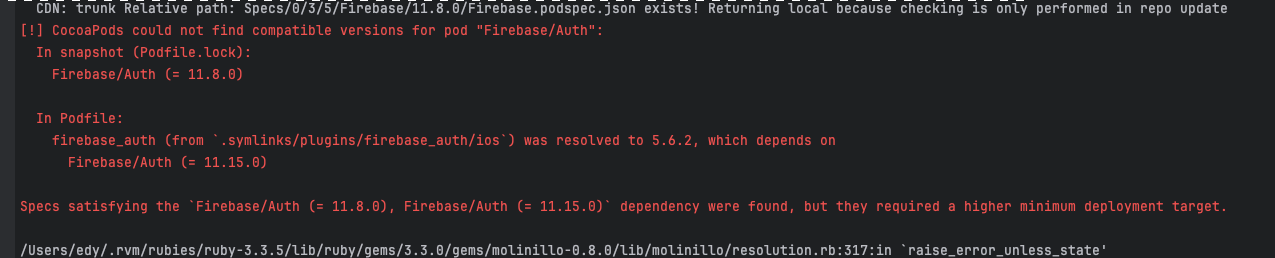 记一次flutter 报错:CocoaPods could not find compatible versions for pod