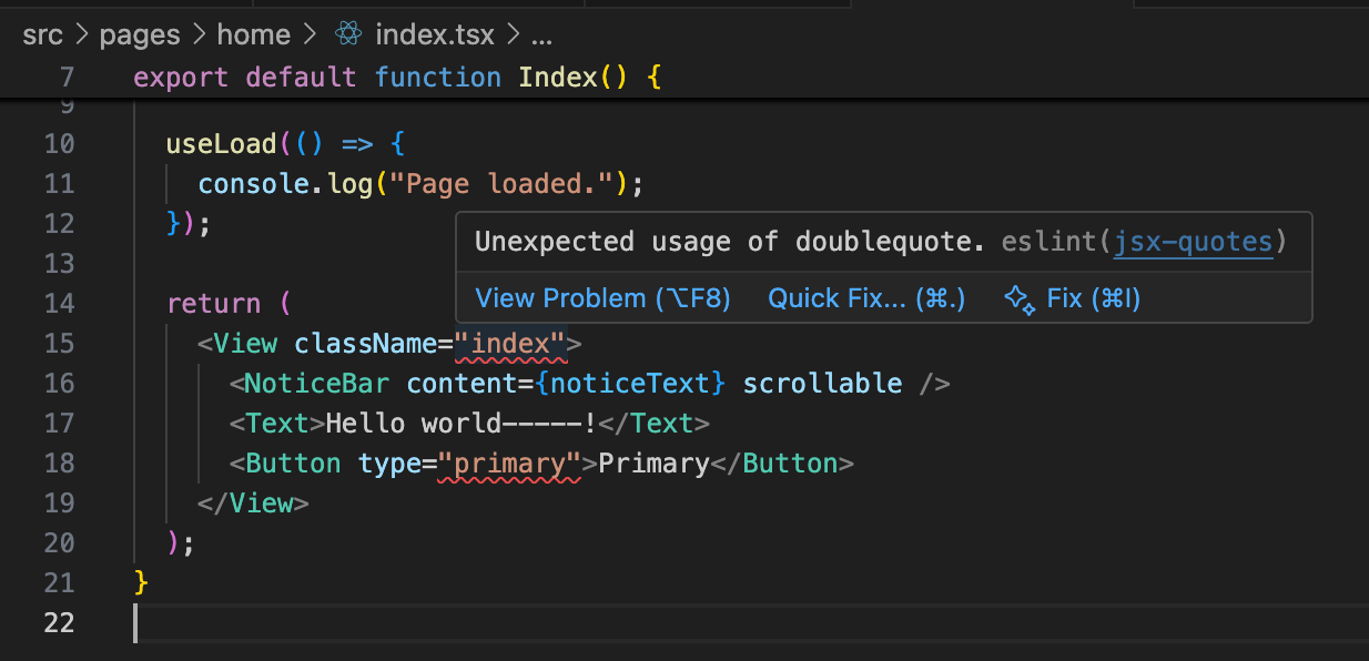 taro react eslint的issue记录：Unexpected usage of doublequote. eslint(jsx-quotes)