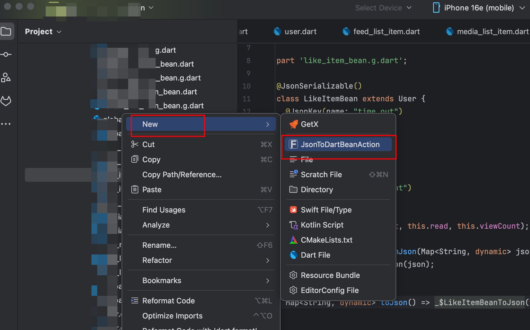 json to dart menu