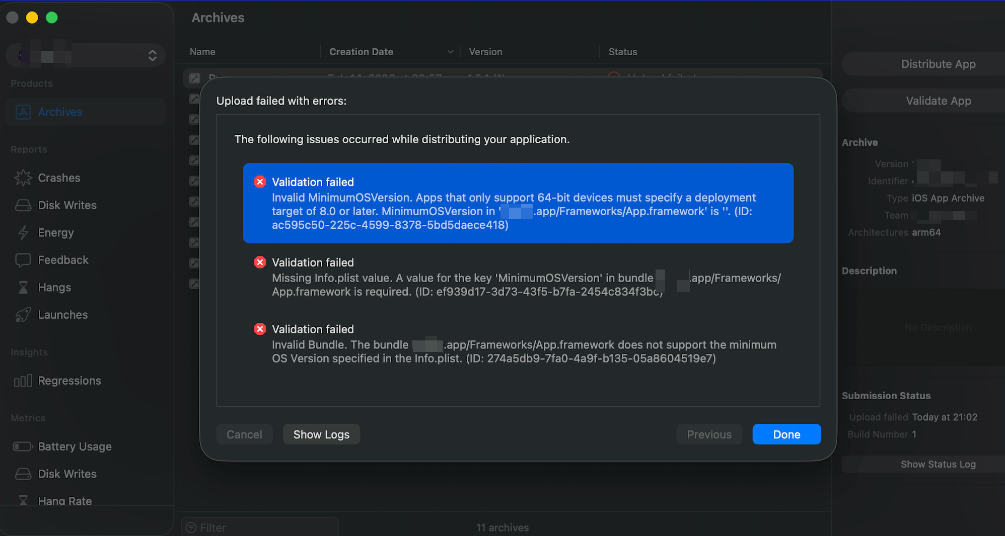 Invalid MinimumOSVersion. App that only support 64-bit devices must specify a deployment target of 8.0 or later